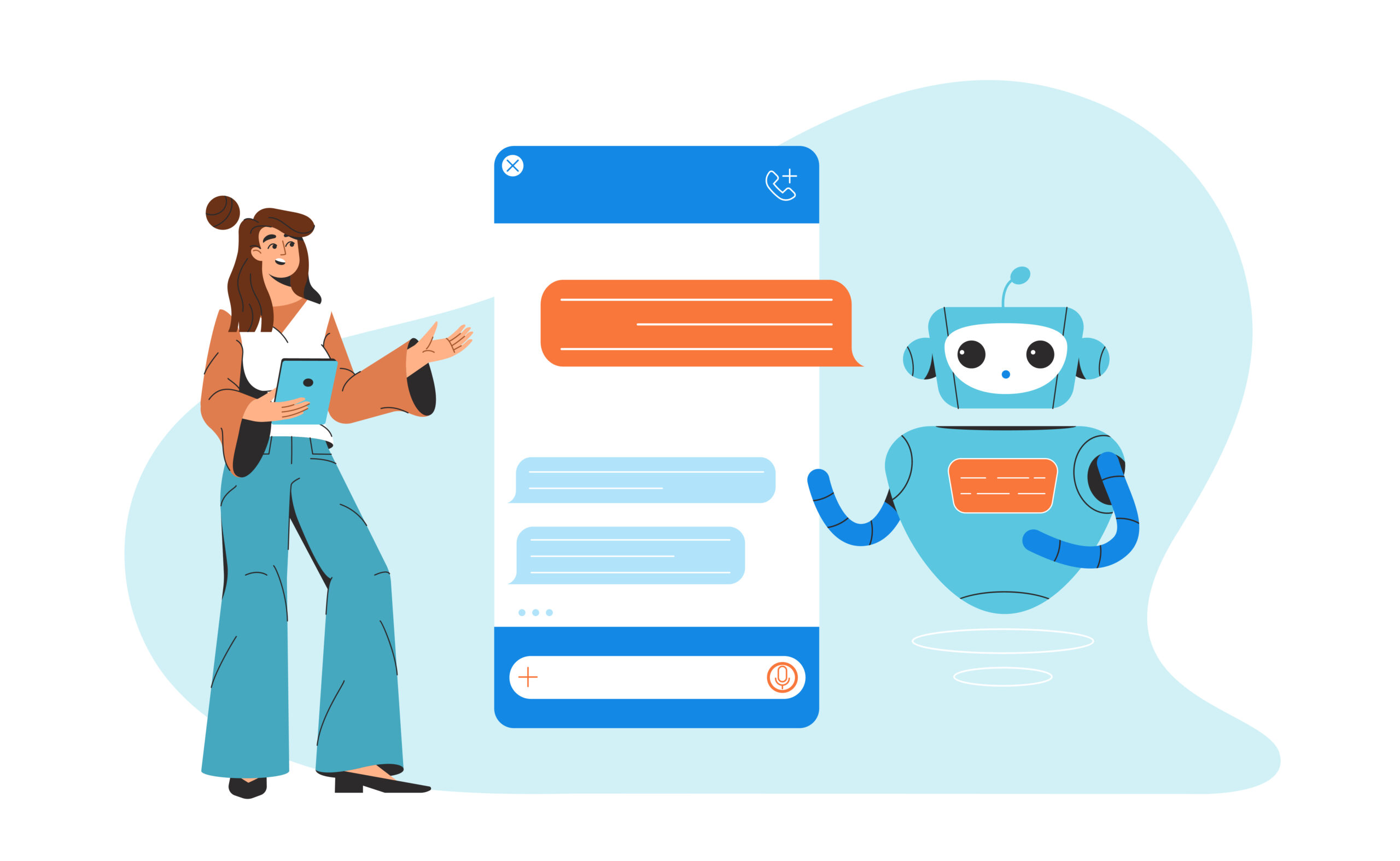 flat woman chatting with chatbot, communicating ai robot assistant